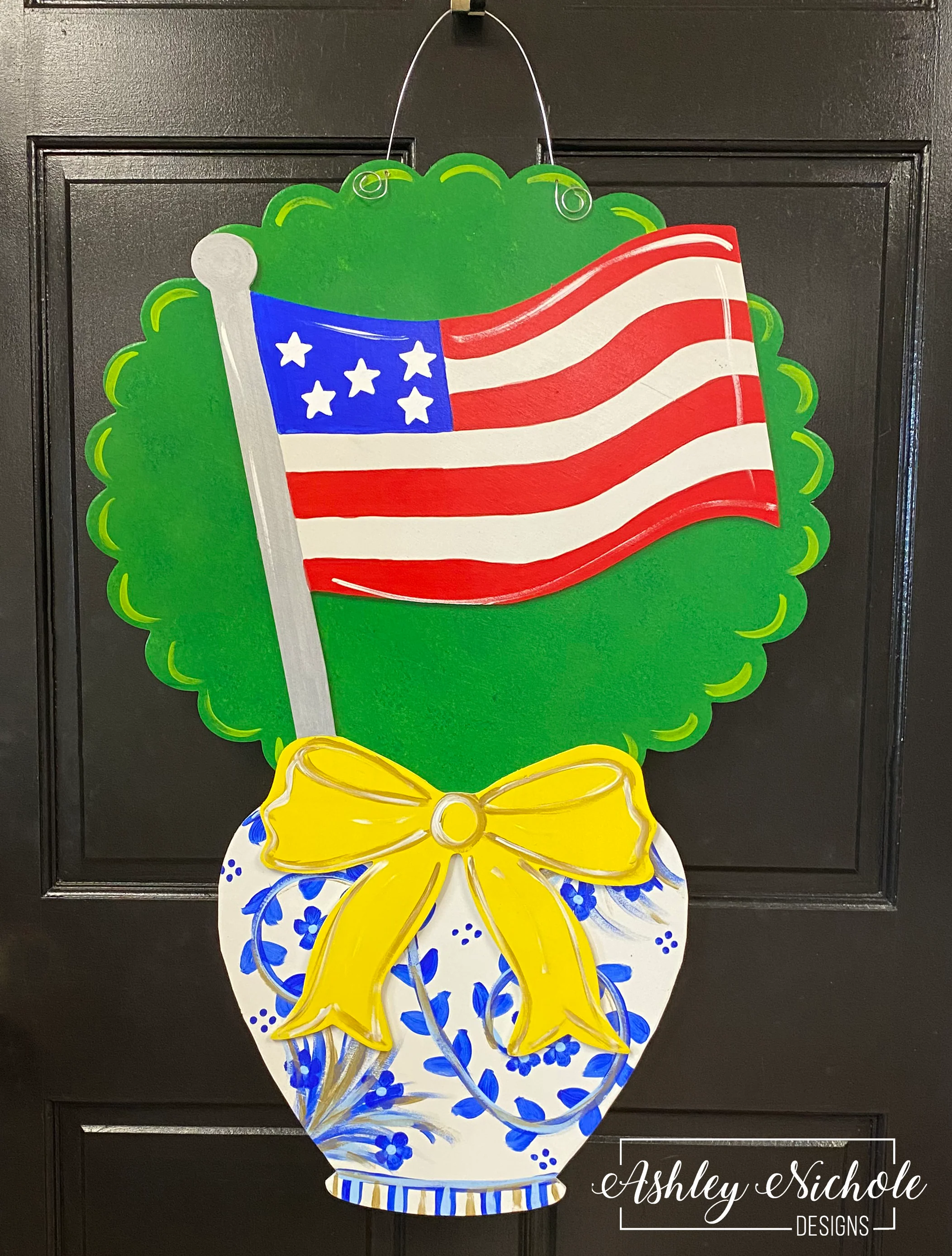 Patriotic Ginger Jar Boxwood Door Hanger (Hand-Painted)