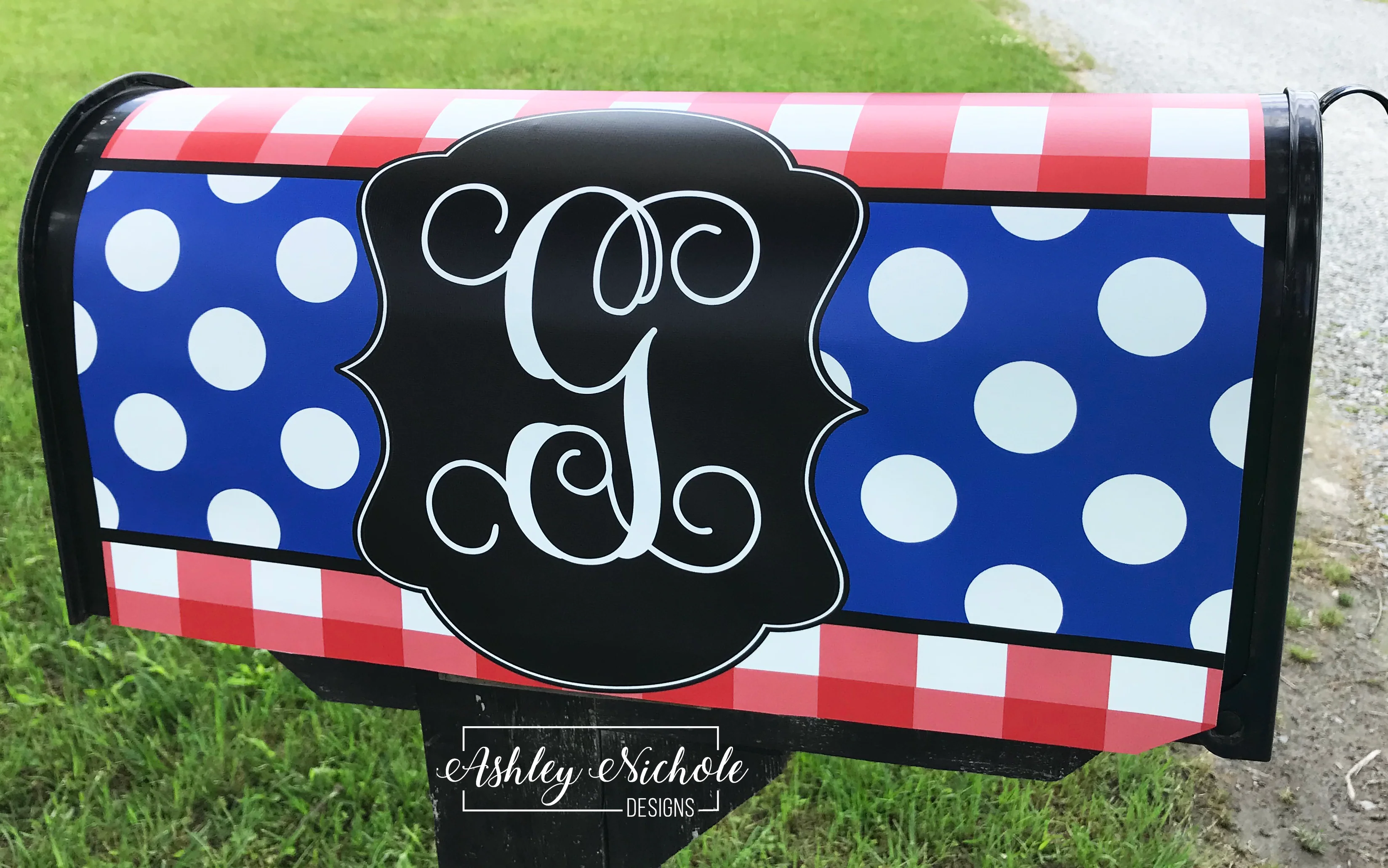 Buffalo Check Initial (Red/Royal) Patriotic - Magnetic Vinyl Mailbox Cover