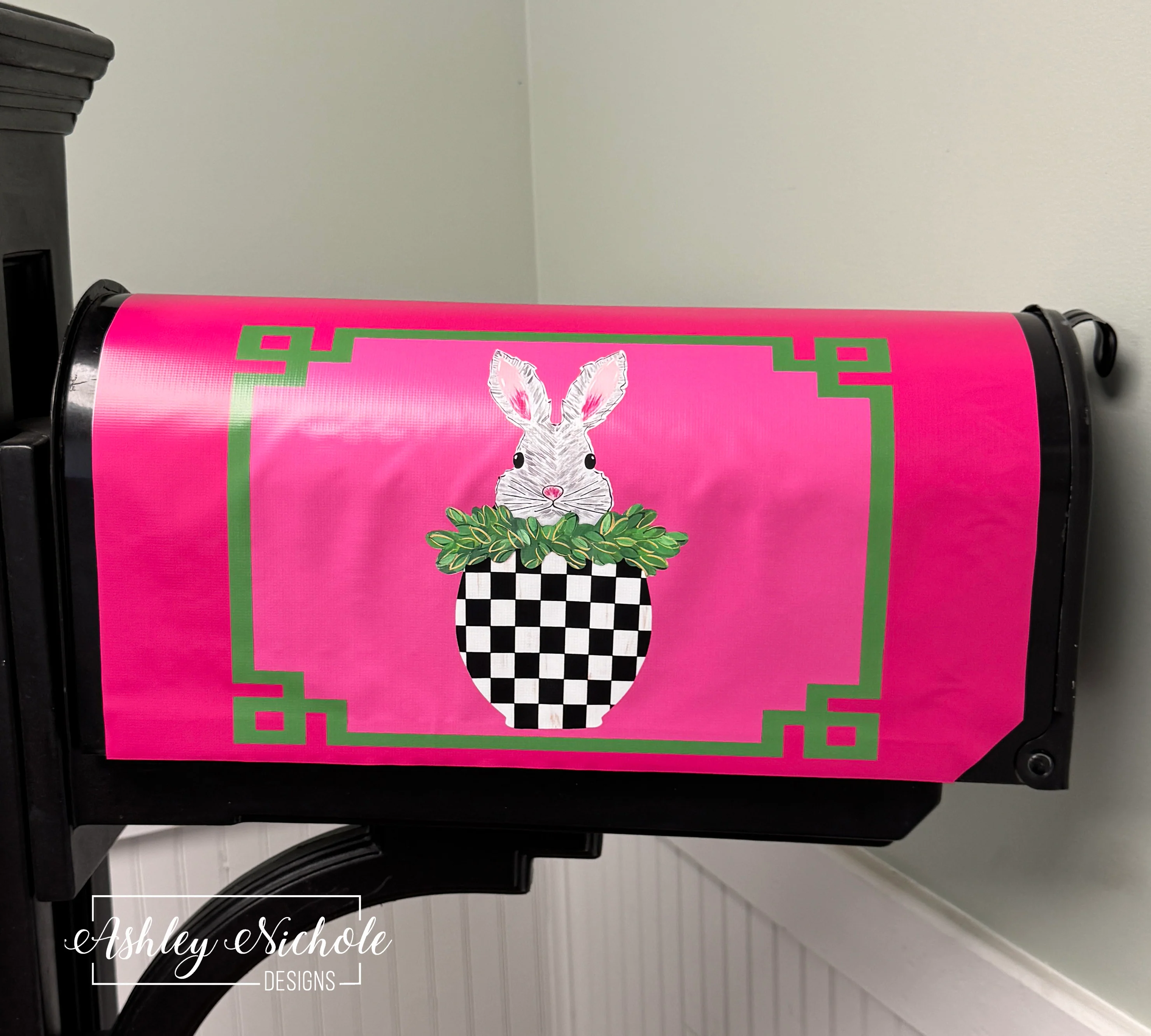 Peeking Bunny in a Checkered Pot - Magnetic Vinyl Mailbox Cover