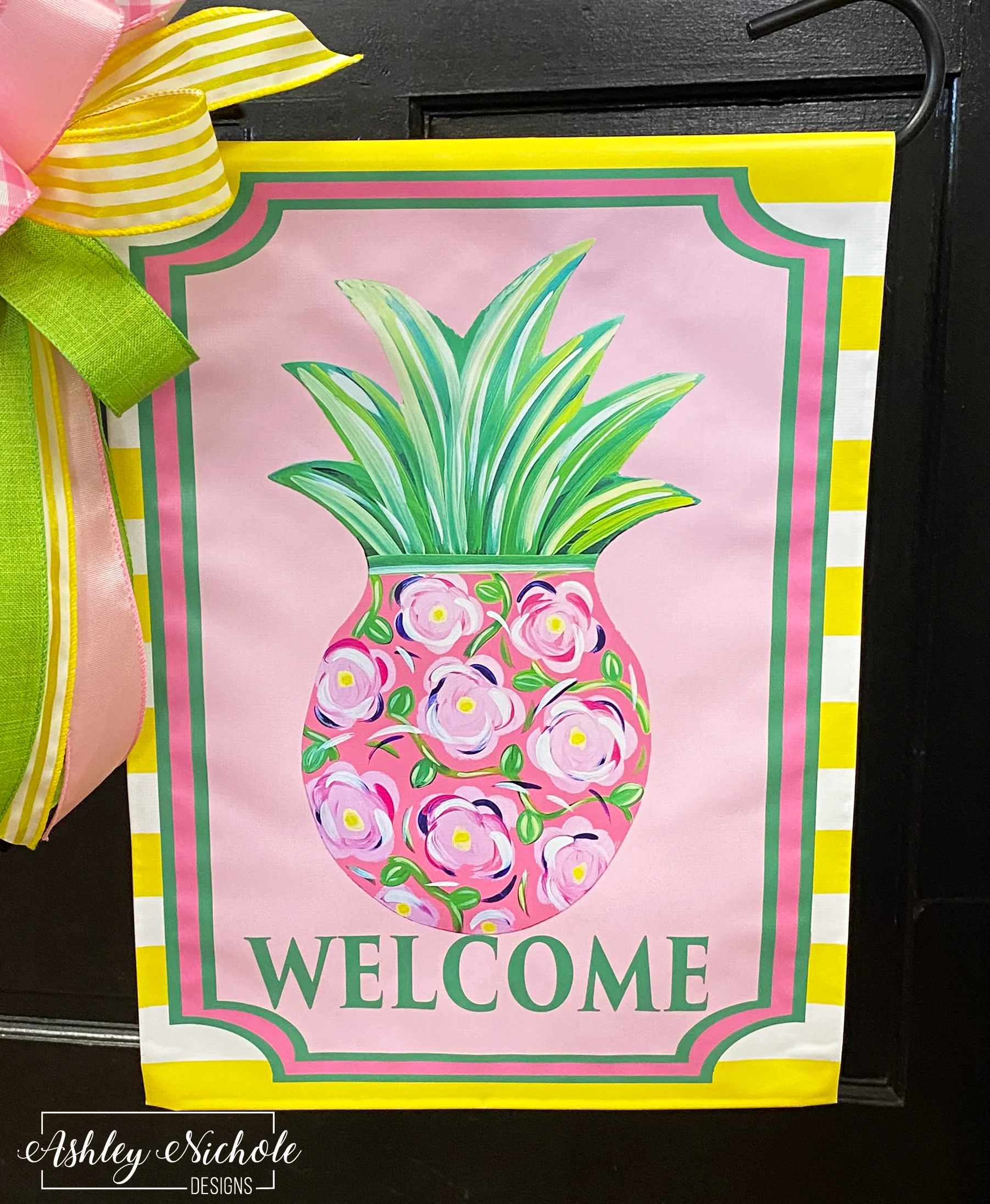 Pineapple - Pink Floral - Vinyl Garden Flag