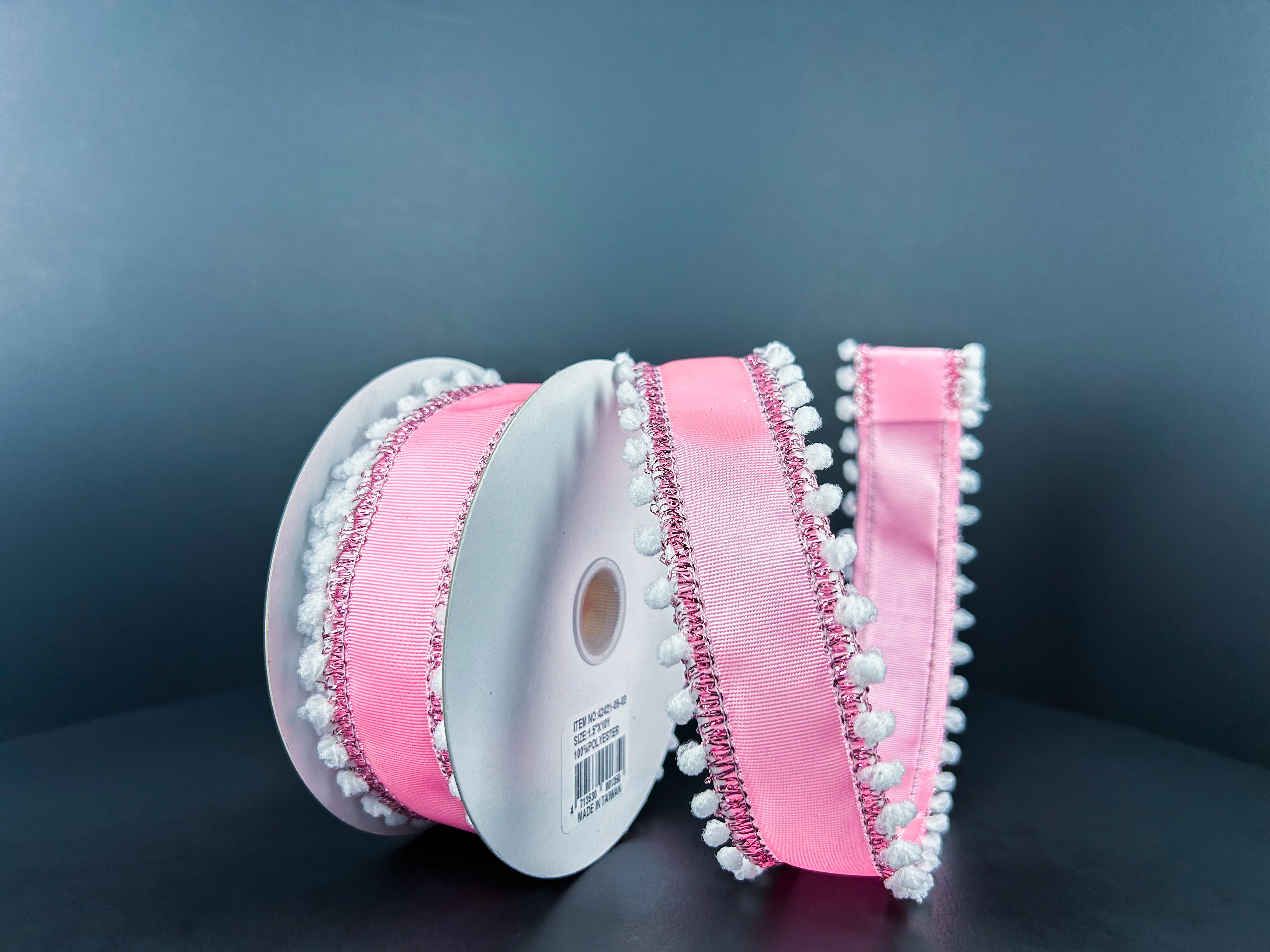 Pink Ribbed Satin w/ White Snowball Wired Ribbon - 1.5" x 10yds