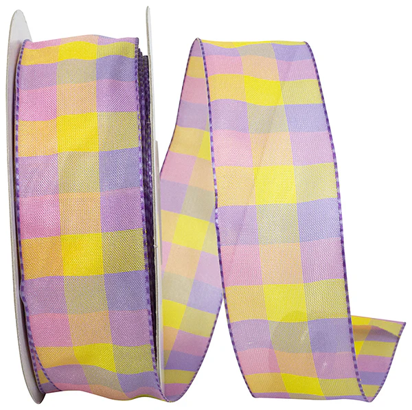 Pink, Yellow & Purple Plaid Wired Ribbon - 1.5" x 50yds
