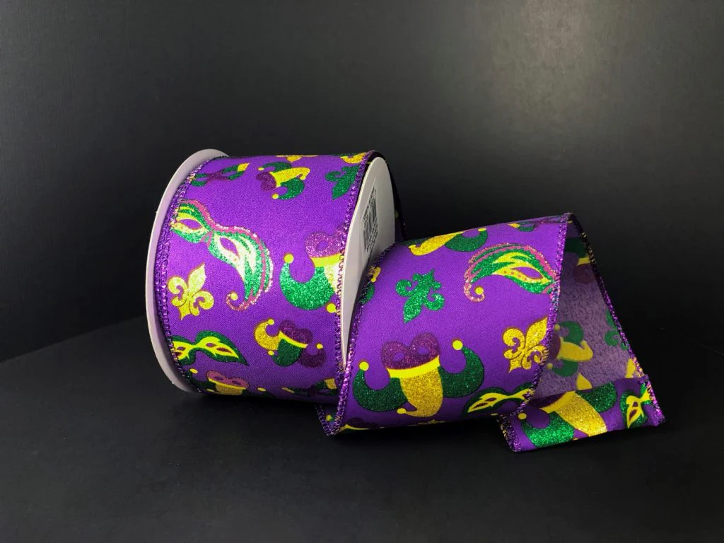 Purple Satin w/ Mardi Gras Icons - 2.5" x 10yds