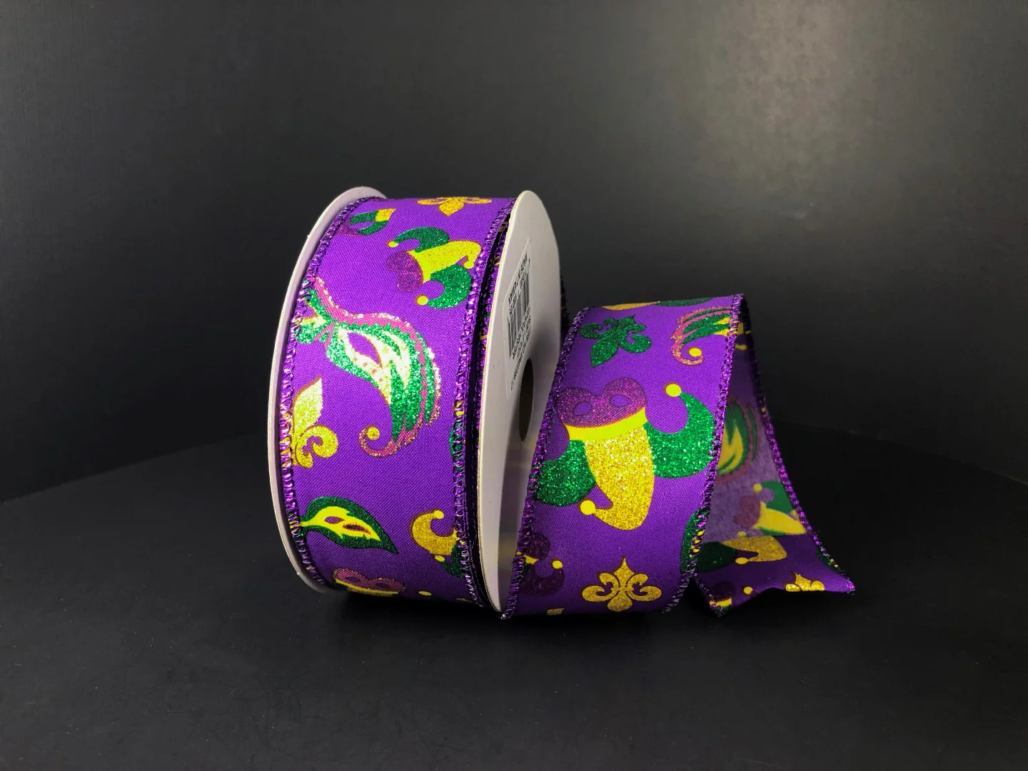 Purple w/ Mardi Gras Abstract Design Wired Ribbon - 1.5" x 10yds