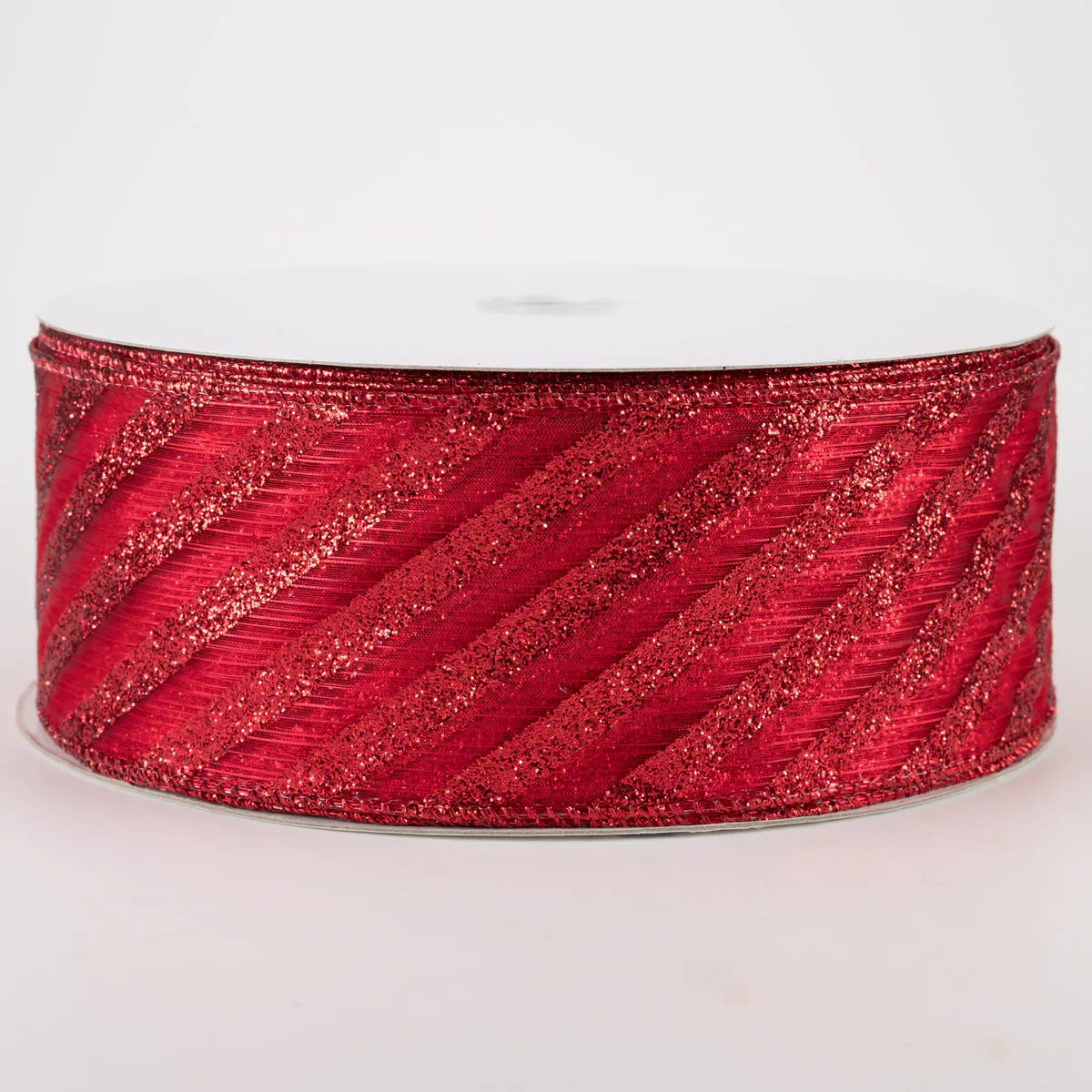 Red & Metallic Glitter Red Candy Cane Stripe Wired Ribbon - 2.5" x 50yds