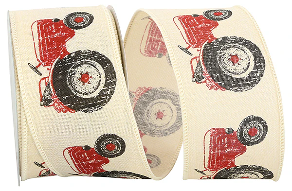 Red Tractor Wired Ribbon - 2.5" x 10yds