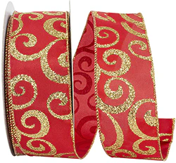 Red w/ Glitter Swirl Wired Ribbon - 2.5" x 50yds