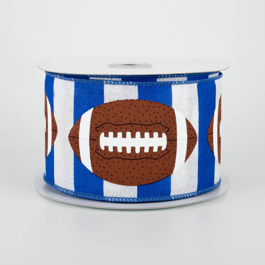 Royal Blue & White Stripe Football Wired Ribbon - 2.5" x 10yds