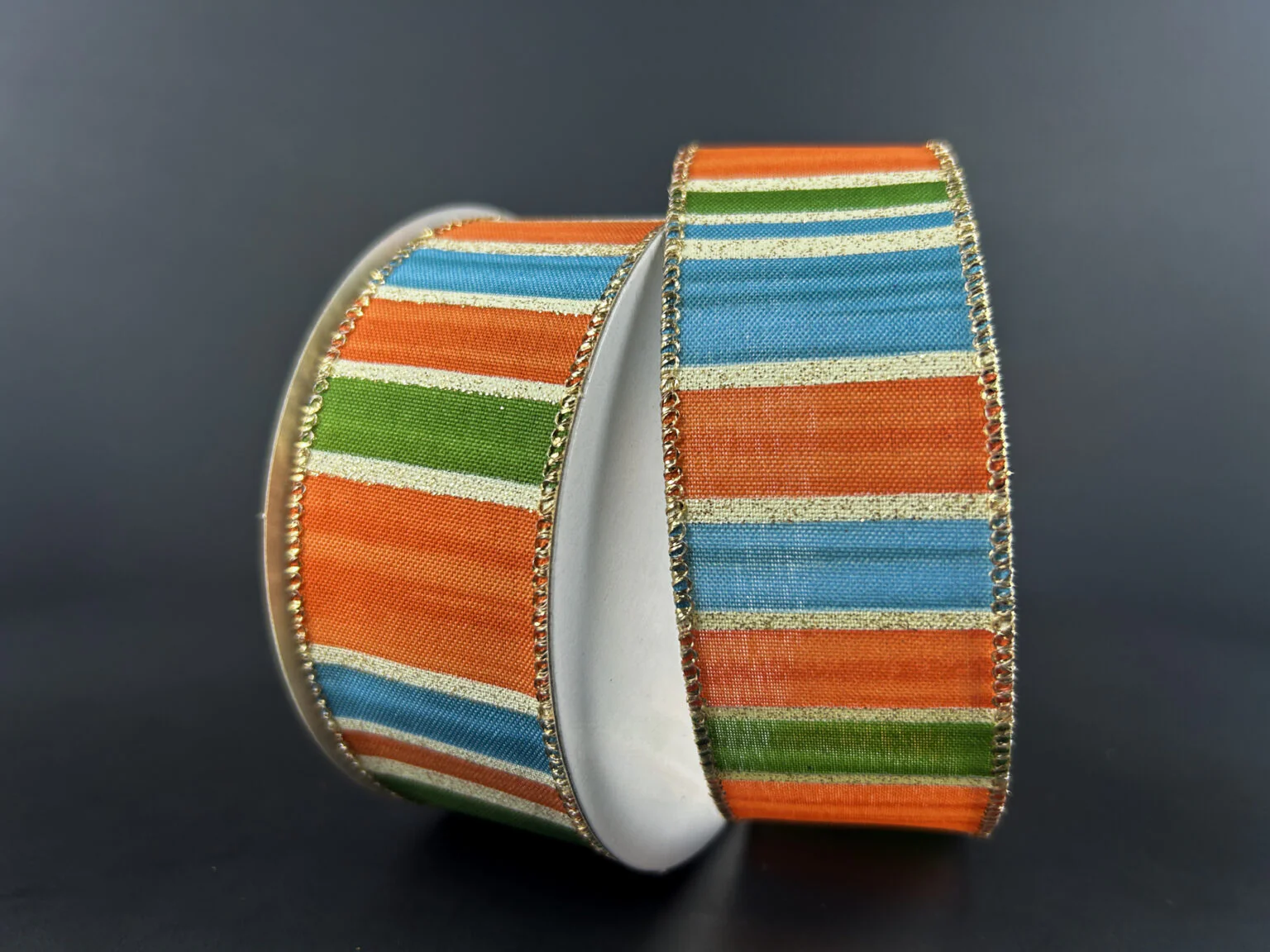 Rust, Blue & Moss Painted Glitter Stripe Wired Ribbon - 1.5" x 10yds