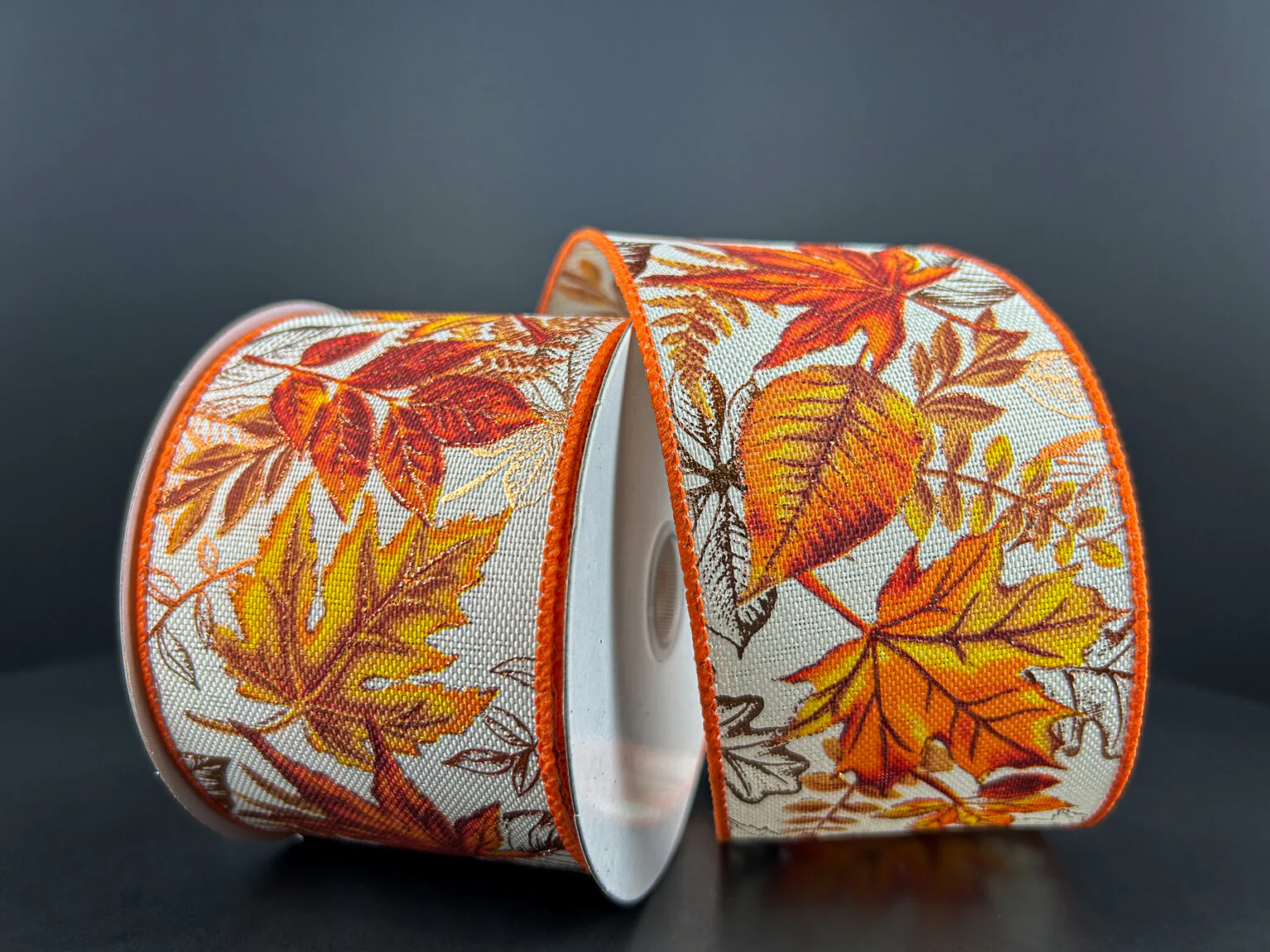 Rust & Gold Leaves w/ Ferns Ivory Wired Ribbon - 2.5" x 10yds