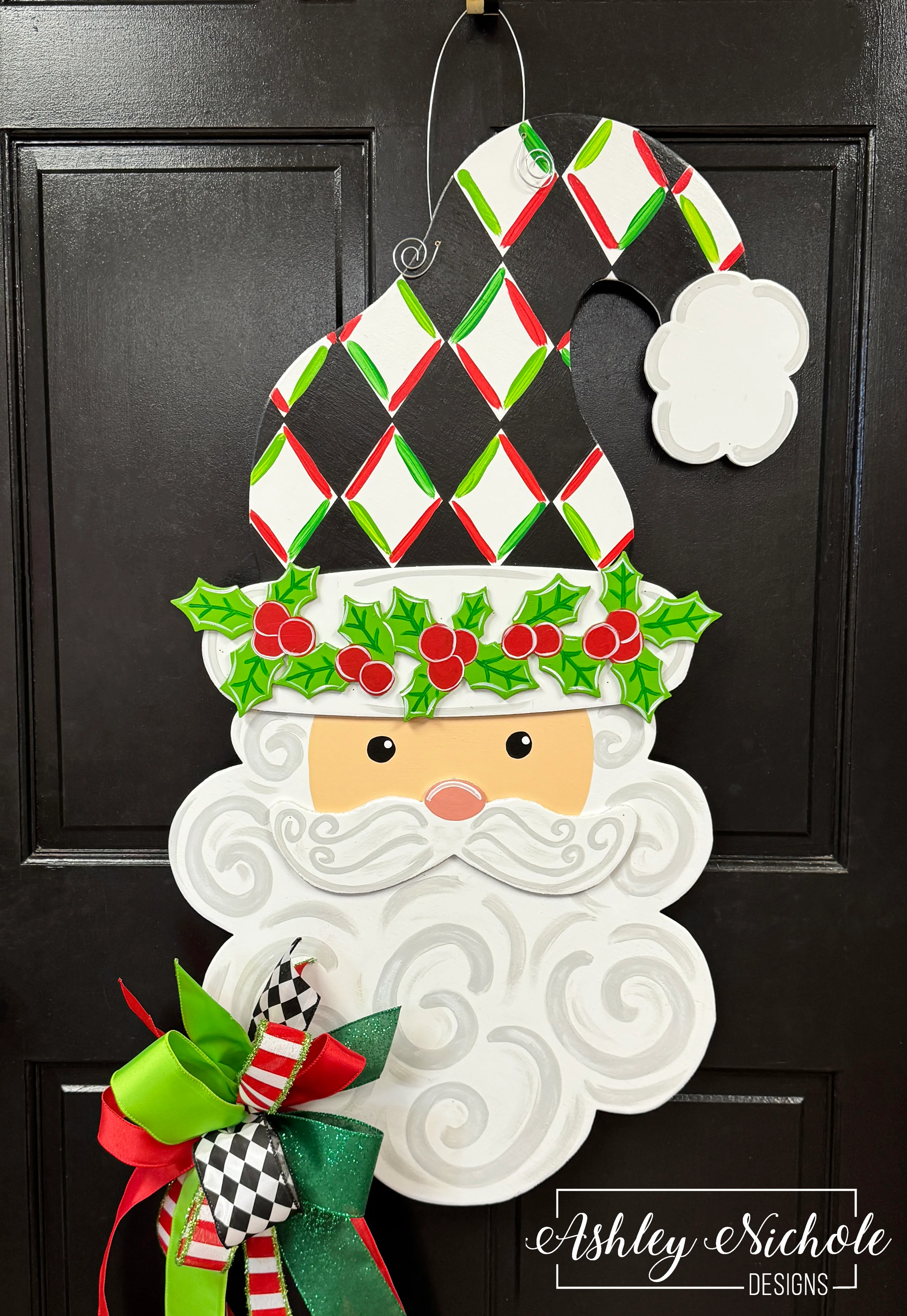 Santa - Holly Jolly Harlequin (BLACK) - Door Hanger (Hand-Painted)