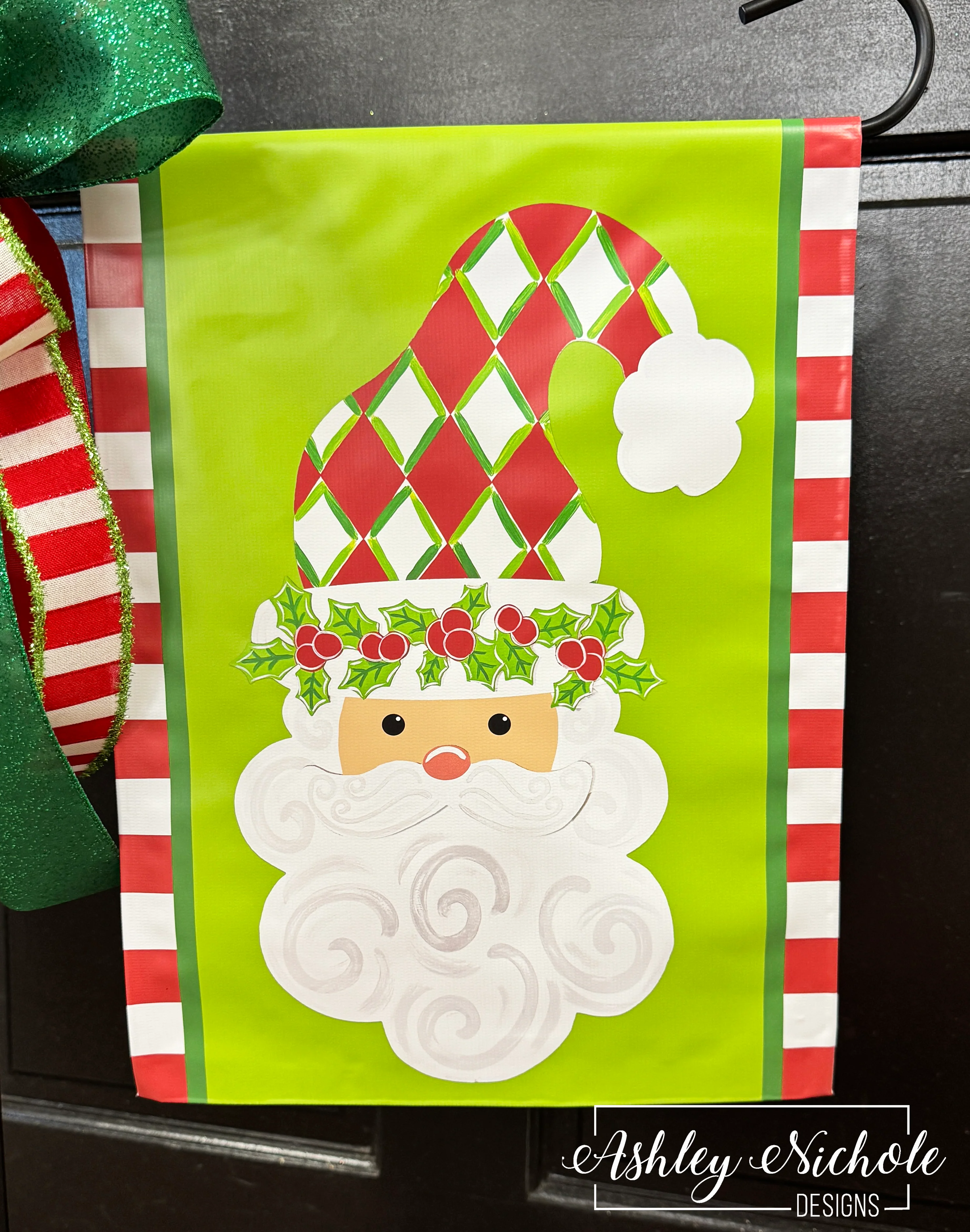 Santa - Holly Jolly Harlequin (RED) - Vinyl Garden Flag