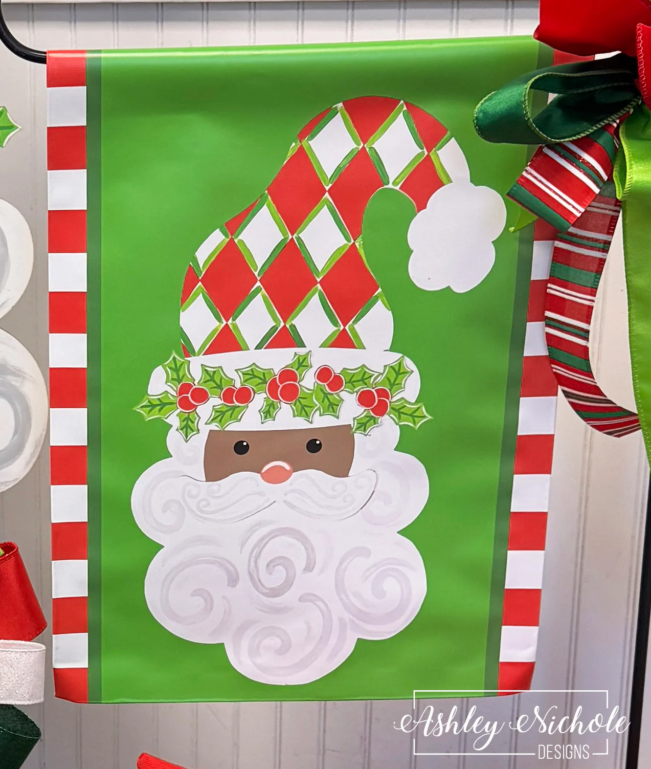 Santa - Holly Jolly Harlequin (RED) - Vinyl Garden Flag - Image 2