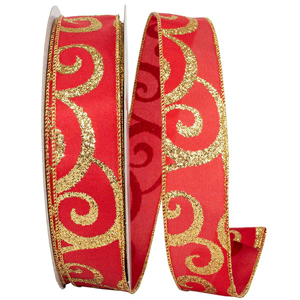 Red Satin w/ Gold Swirl Wired Ribbon - 1.5" x 50yds