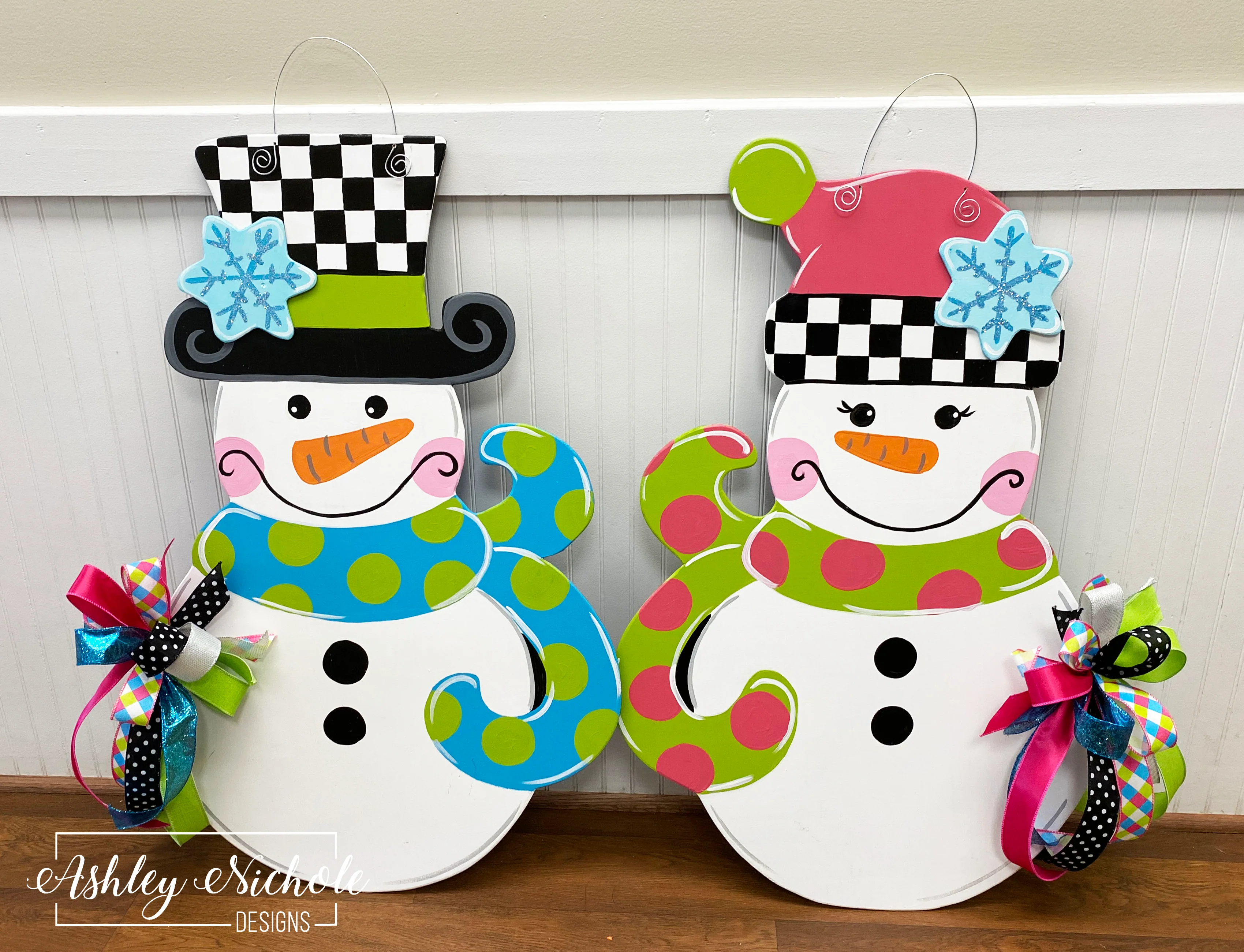 Snowman - Checkered BOY Version Door Hanger (Hand Painted) - Image 2