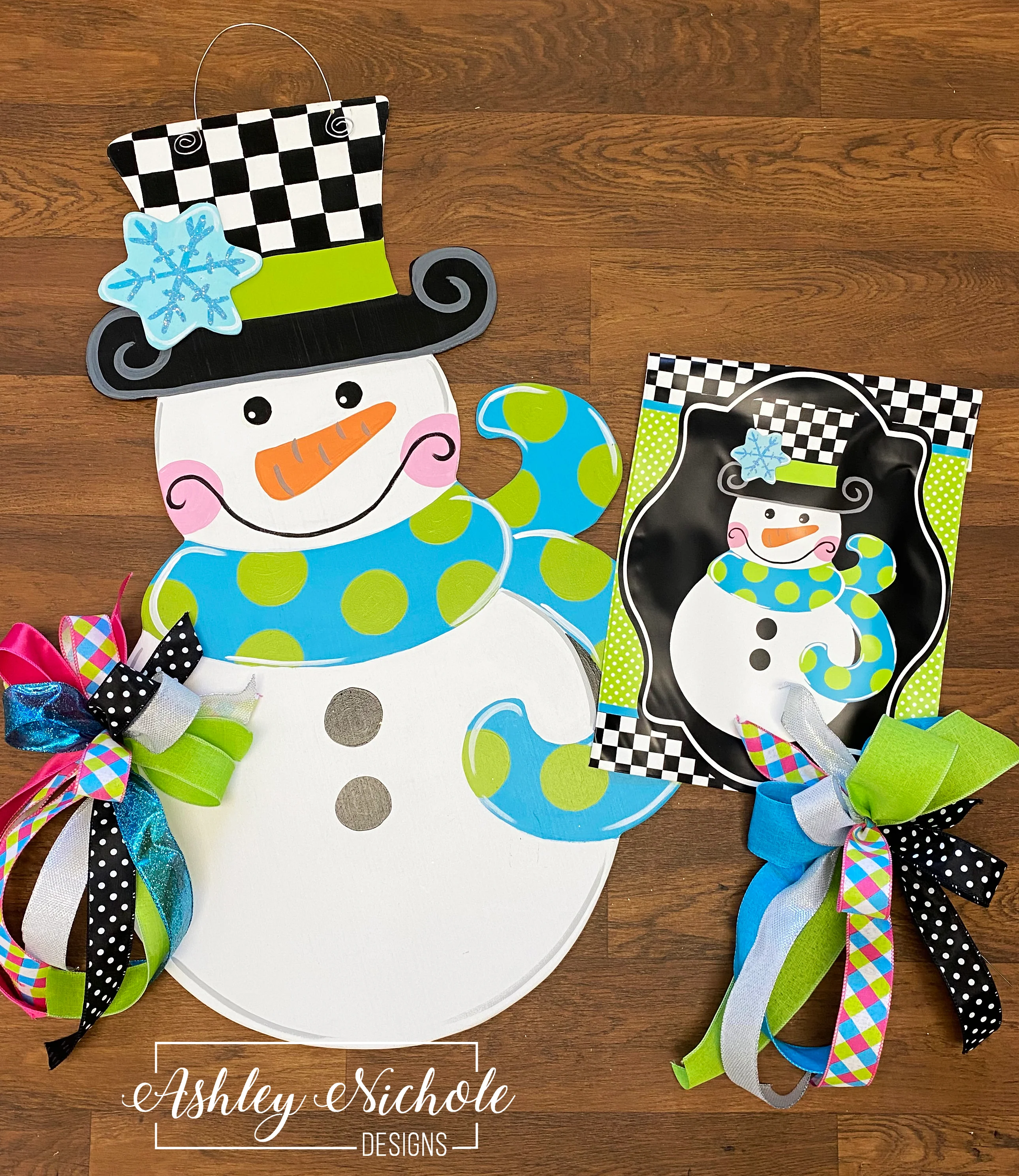 Snowman - Checkered BOY Version Door Hanger (Hand Painted) - Image 3