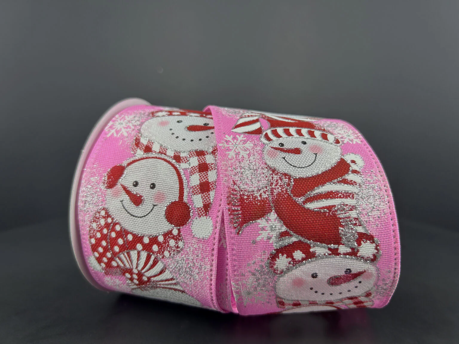 Snowmen in Earmuffs Pink Wired Ribbon - 2.5" x 10yds