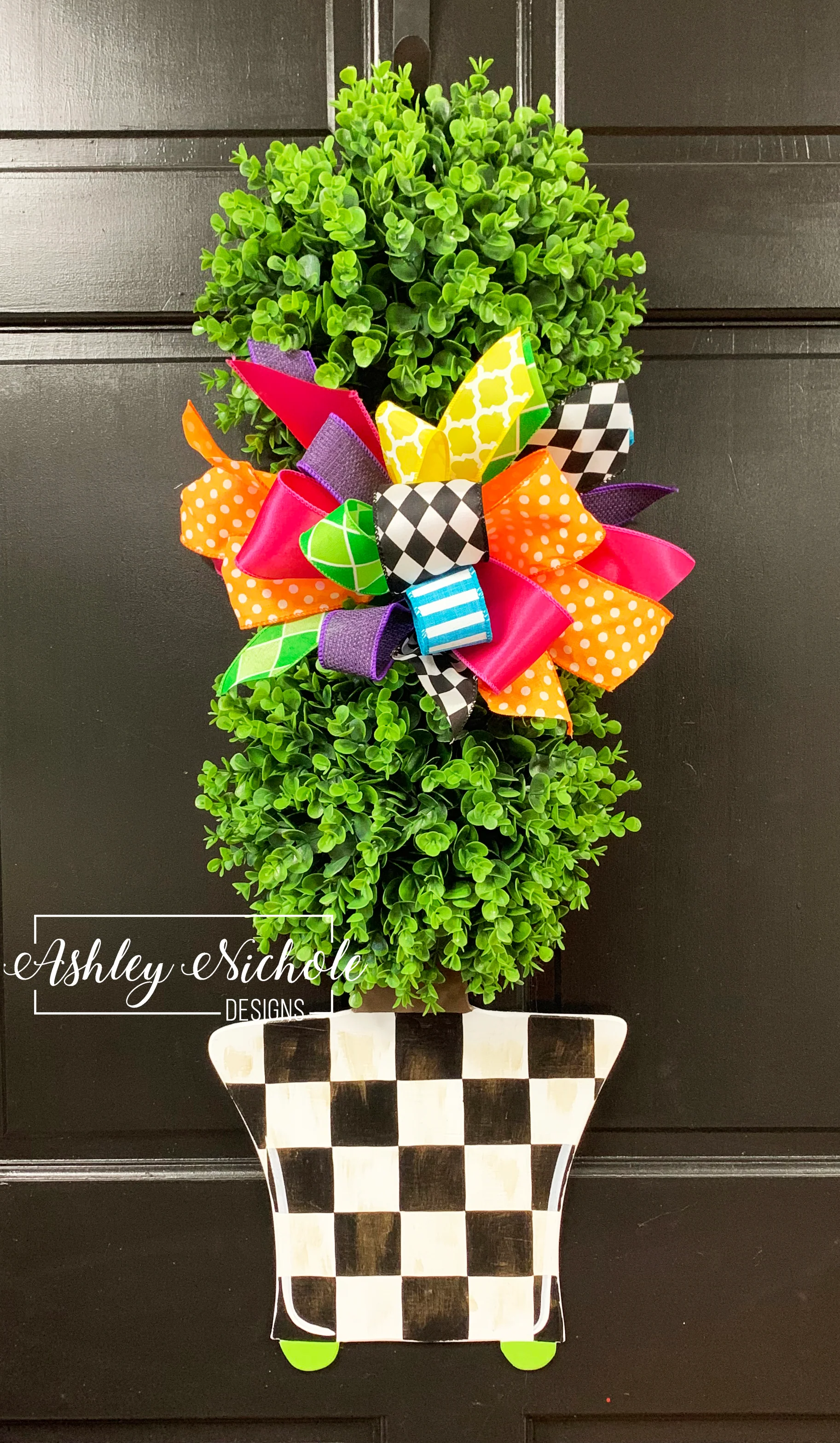 Spring Topiary - Double Ball Checkered - with Gold Overlay - Door Hanger (Hand-Painted)