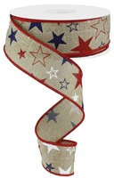 Stars On Burlap Wired Ribbon - 1.5"x10yds