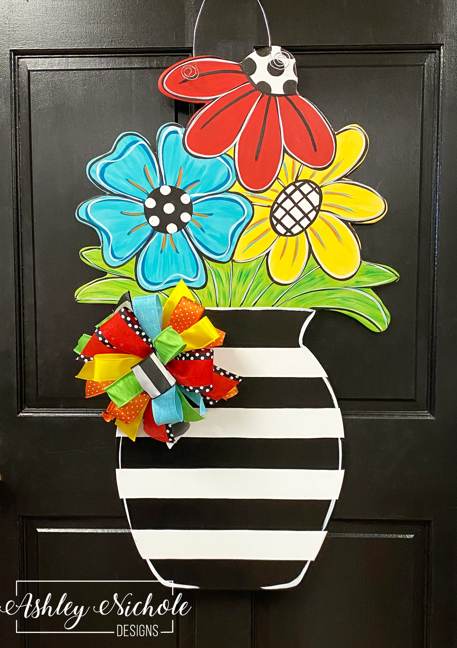 Striped Vase Flower Pot - Door Hanger - (Hand Painted)