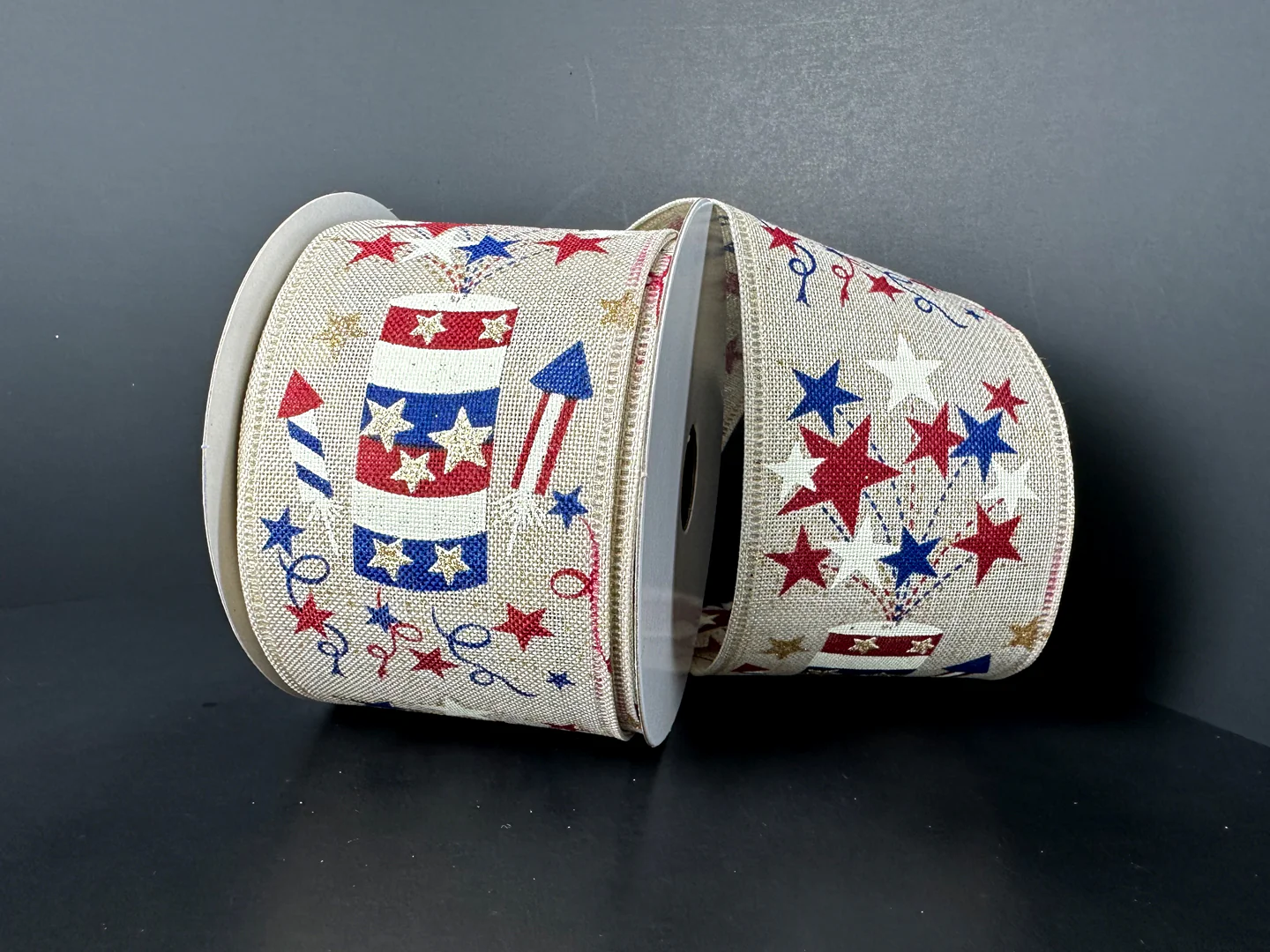 Tan Burlap w/ Fireworks Wired Ribbon - 2.5" x 10yds