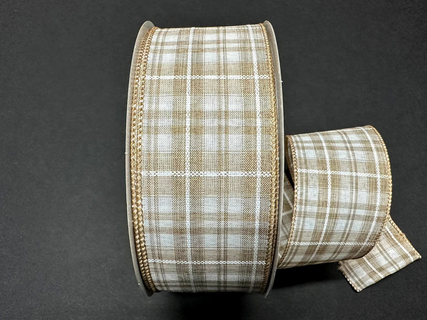 Tan & White Kennedy Plaid Wired Ribbon - 2.5" x 50yds