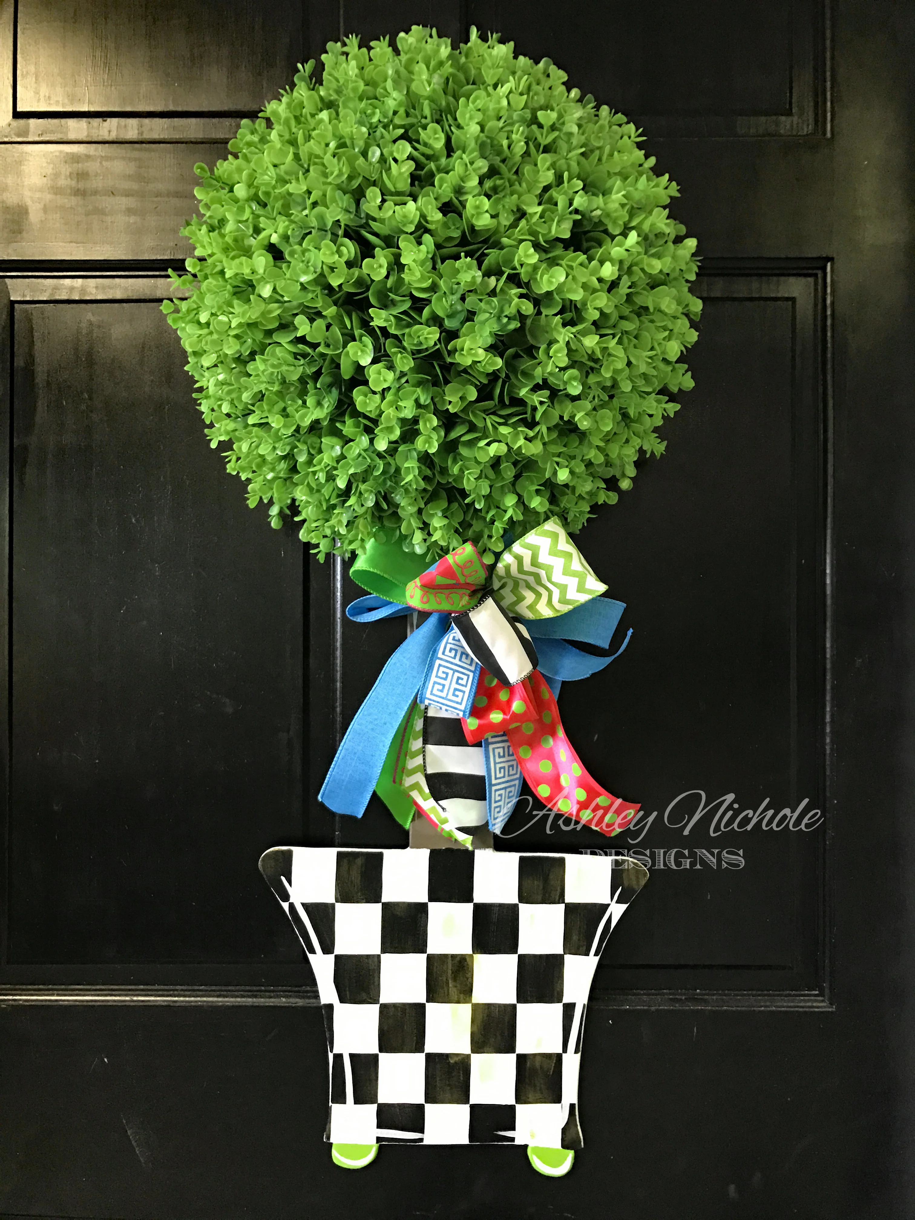 Spring Topiary - Single Ball Checkered - Door Hanger (Hand-Painted)