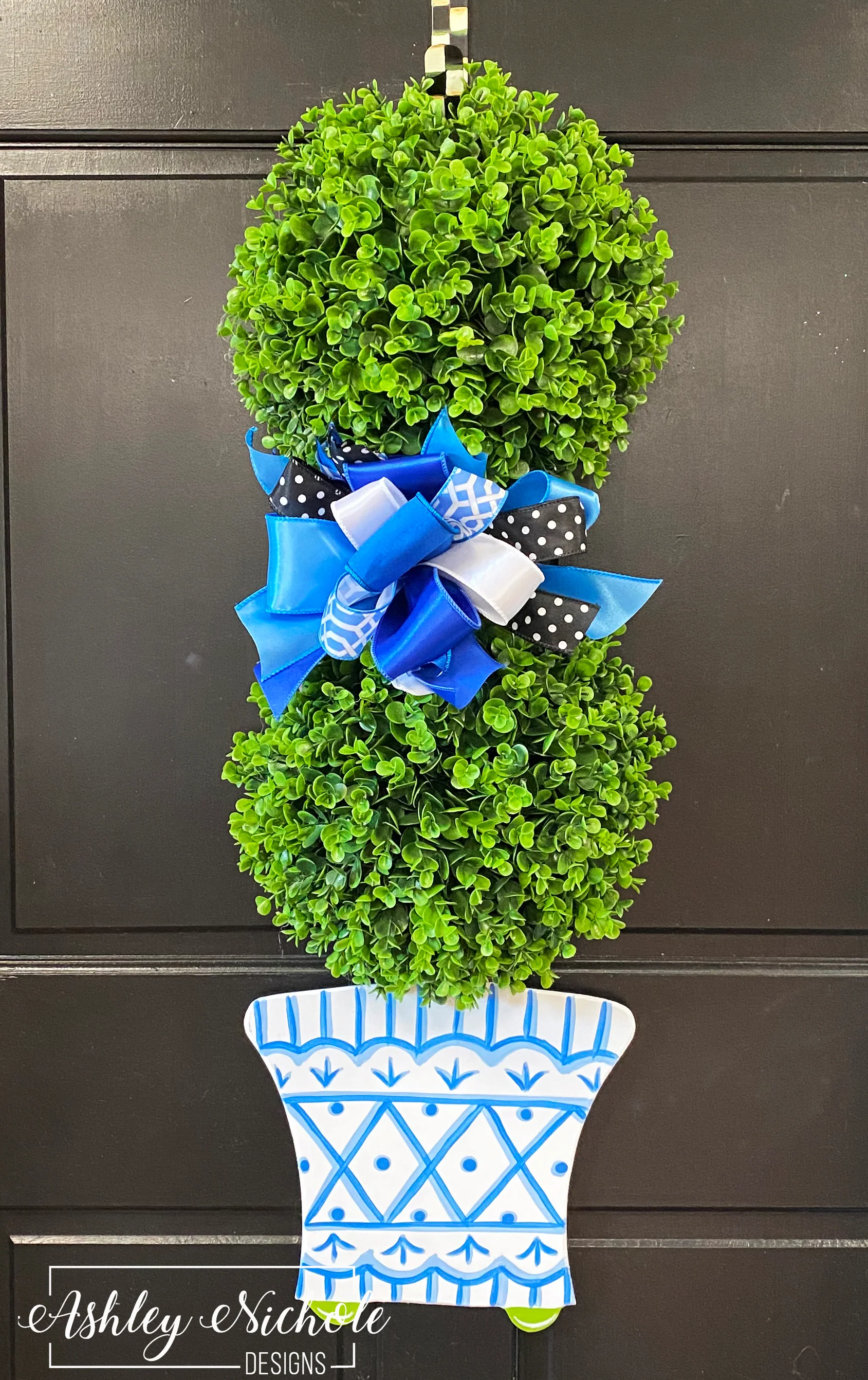 Topiary - Double Ball Chinoiserie - Door Hanger (Blue Variety Bow) (Hand-Painted)