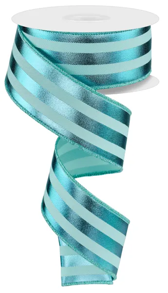 Turquoise Metallic Vertical Stripe Wired Ribbon - 1.5" x 10yds