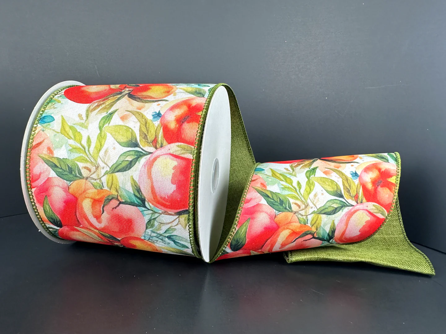 Watercolor Peaches w/ Moss Linen Backing Wired Ribbon - 4" x 10yds