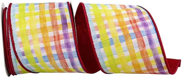 Watercolor Plaid w/ Red Backing Wired Ribbon - 4" x 10yds