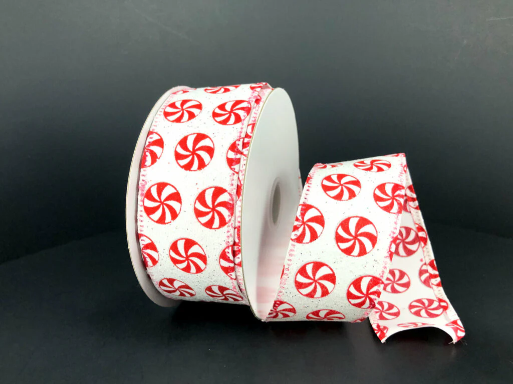 White Glitter Satin w/ Peppermints Wired Ribbon - 1.5" x 10yds