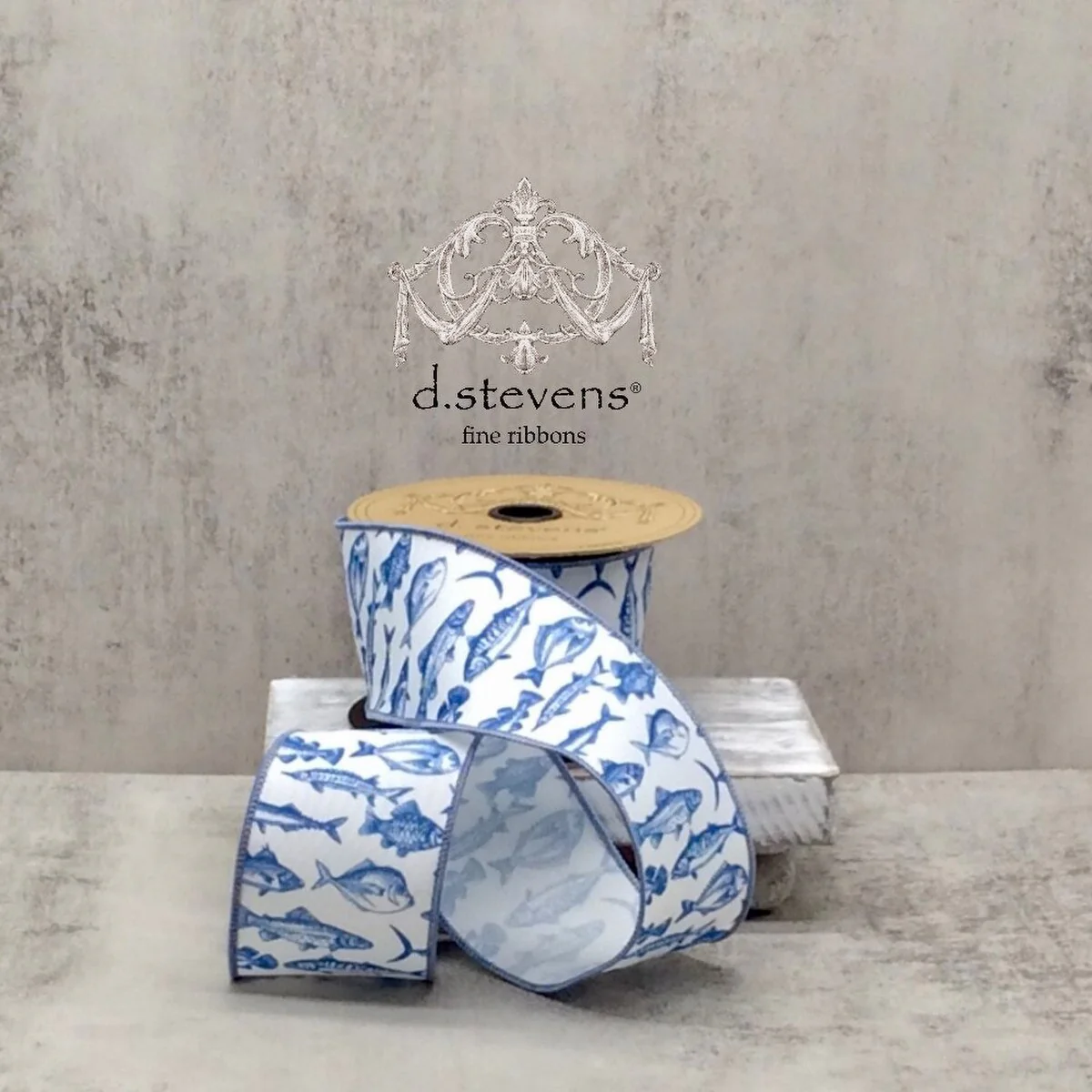 White Linen w/ Blue Fish Wired Ribbon - 2.5" x 10yds