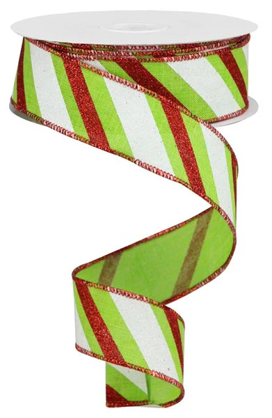 White & Red Diagonal Glitter Stripe on Lime Burlap Wired Ribbon - 1.5" x 10yds