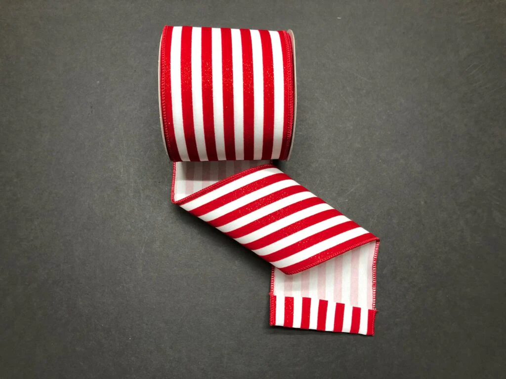 White & Red Glitter Flocked Cabana Striped Wired Ribbon - 4" x 10yds