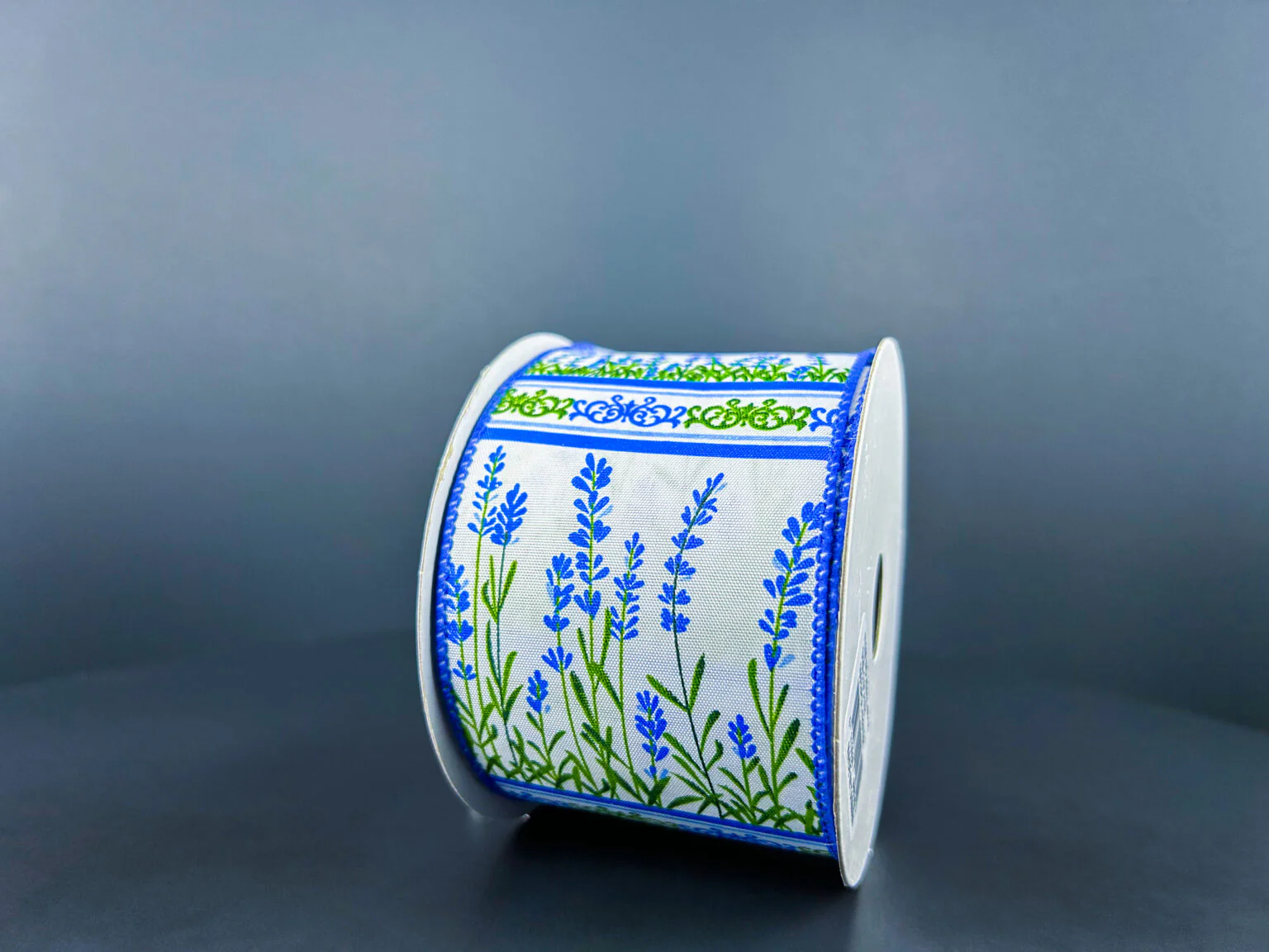 White Satin w/ Blue Floral Wired Ribbon - 2.5" x 10yds