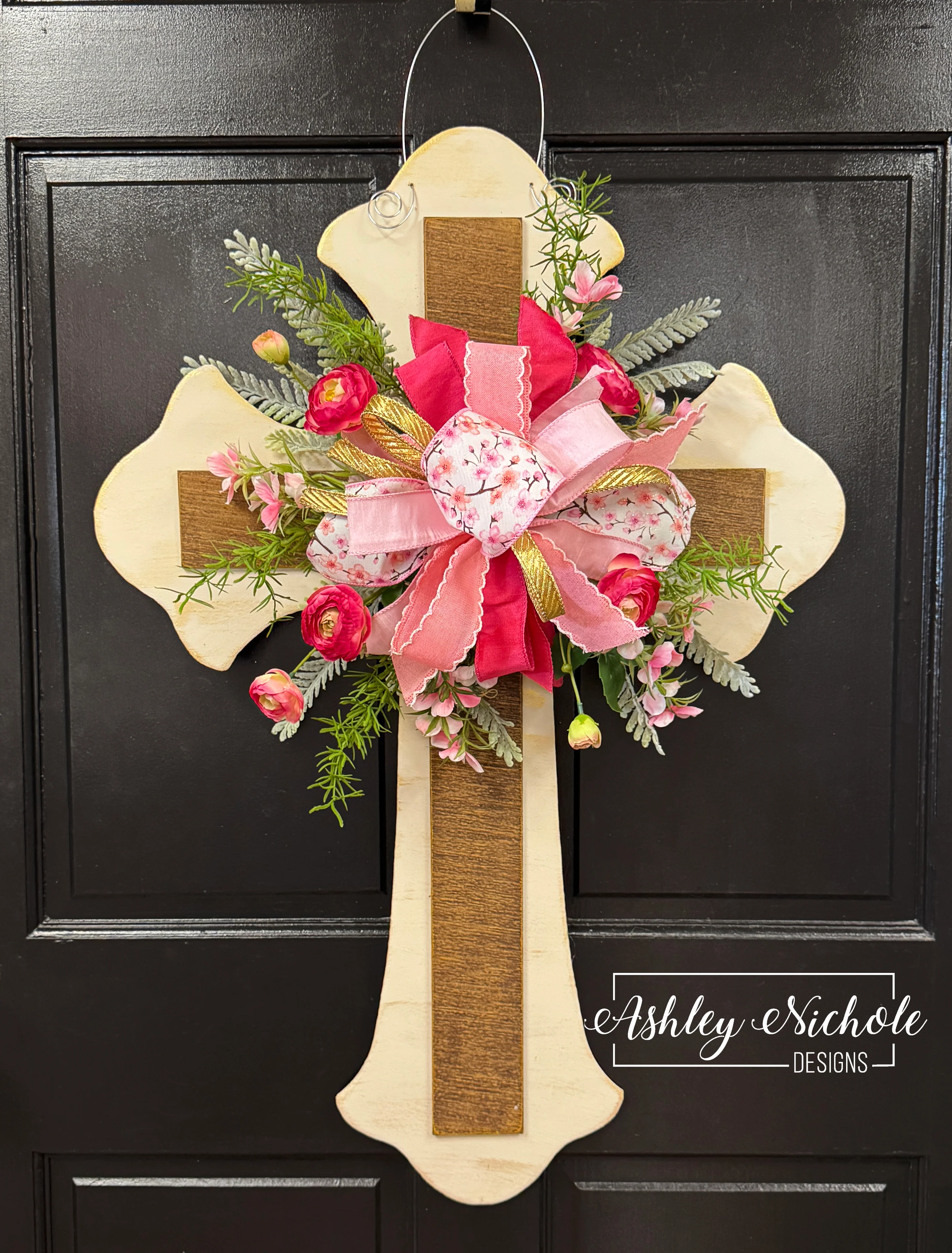 Wooden Cross Floral Door Hanger - PINKS